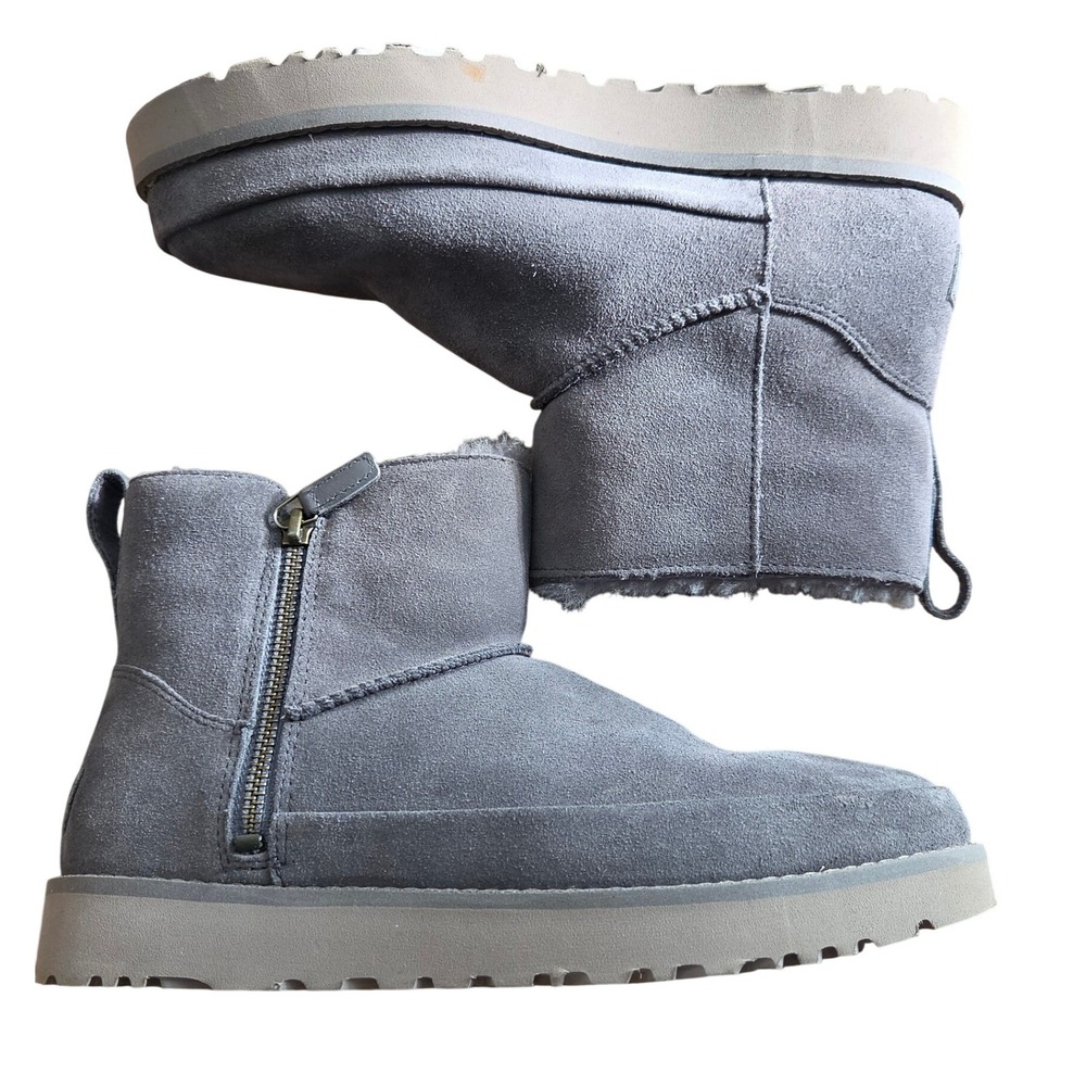 UGG Classic Mini Zip Grey Suede Shearling Ankle Boot 8 Cozy Warm Water Resistant